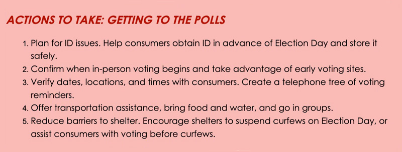 Graphic showing actions to take getting to the polls
