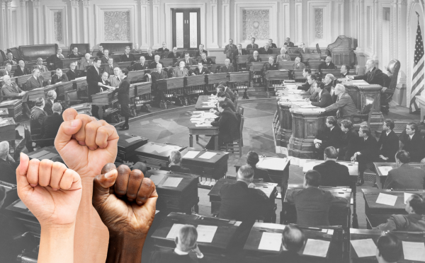 photo illustration of three left-handed fists in the air juxtaposed against a black and white image of a legislative chamber