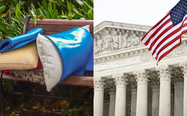 bench with bedding juxtaposed against SCOTUS building